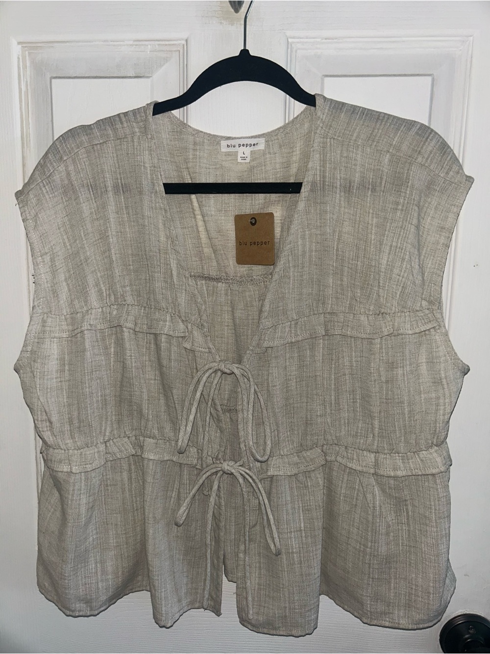 Blu Pepper Beige Tie-Front Sleeveless Peplum Top